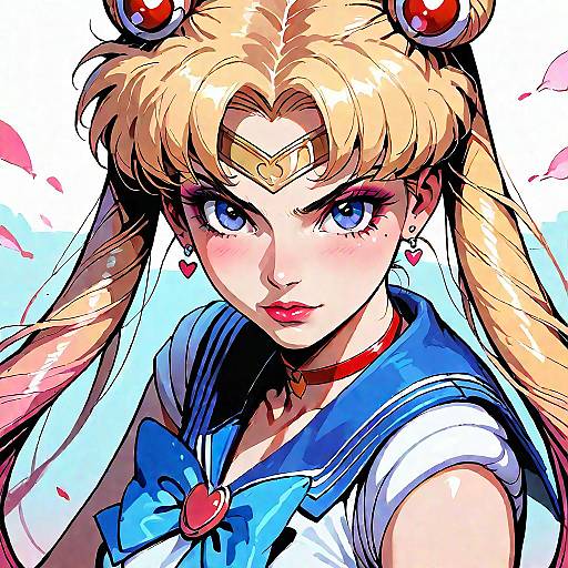 Digital anime-style drawing of Sailor Moon, with blonde twin-tails, blue eyes, red choker, and sailor uniform, intense expression, colorful background