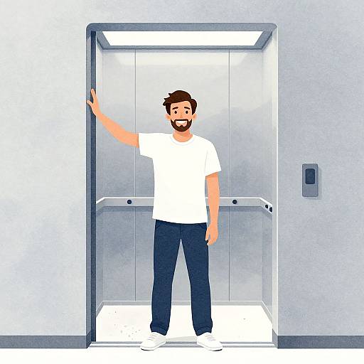 Digital illustration of a bearded man with brown hair, wearing a white t-shirt and dark pants, standing in a brightly lit elevator, raising his right