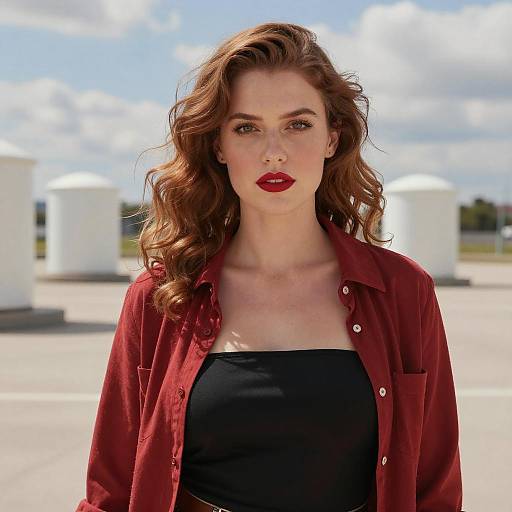 Confident Woman Outdoors with Auburn Hair