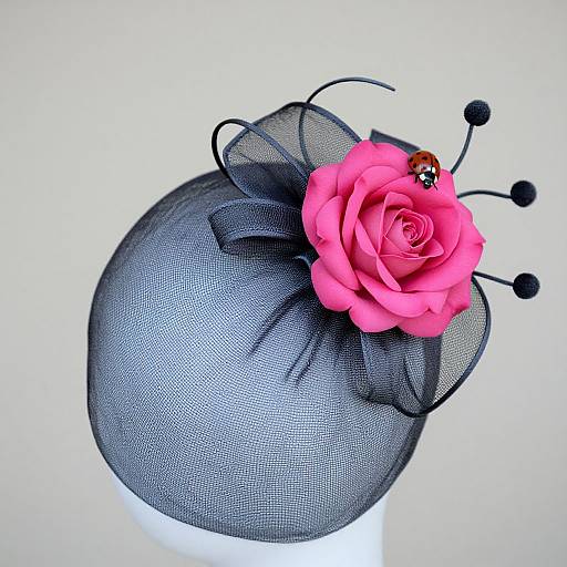 Photograph of a black mesh fascinator hat adorned with a bright pink rose, black antennae, and a ladybug on its tip.