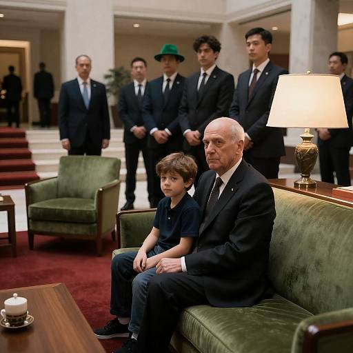 Formal Lobby Scene with Distinct Characters