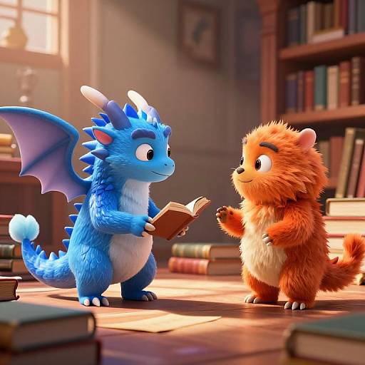 CGI image of a blue dragon and fluffy orange fox standing in a sunlit library, the blue dragon reading a book to the orange fox.