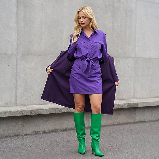 Chic Woman in Purple with Green Boots