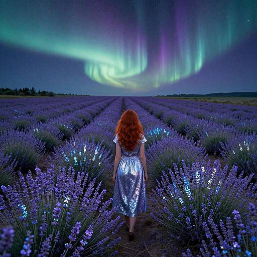 Photograph of a red-haired woman in a silver dress standing in a glowing lavender field, facing vibrant green and purple auroras in the night sky.