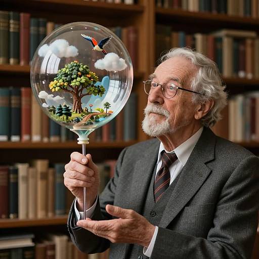 Elderly white man with white hair and beard, wearing glasses and gray suit, holds a glass balloon with miniature landscape and bird, in a library