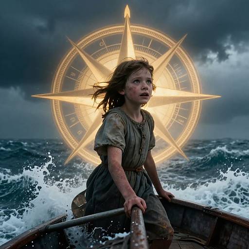Photograph of a dirty, wind-swept young girl in a tattered dress, rowing a boat on rough seas, with a glowing,