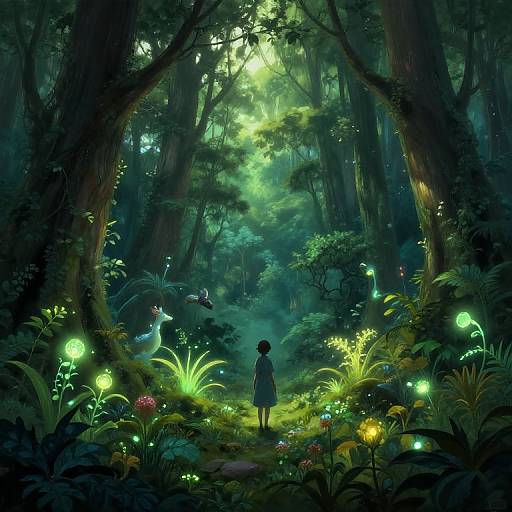 Digital fantasy artwork of a lush, moonlit forest with glowing mushrooms, fireflies, and a silhouetted girl standing on a sunlit path