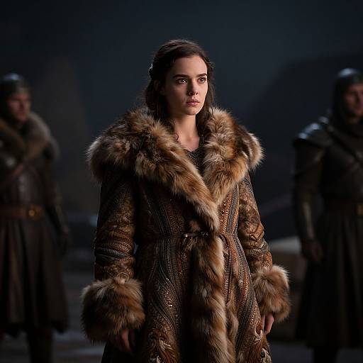 Photograph of a serious woman with long brown hair in a richly detailed, brown fur-trimmed medieval-style coat, standing in a dimly