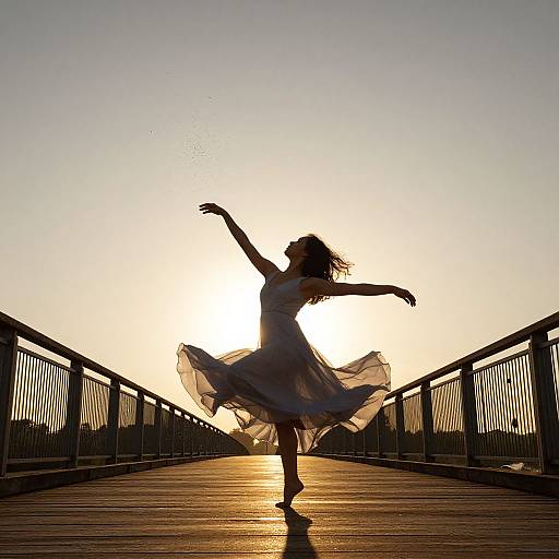 Silhouetted woman in flowing dress dancing on wooden bridge at sunset, arms raised, sun behind, creating a radiant halo effect.