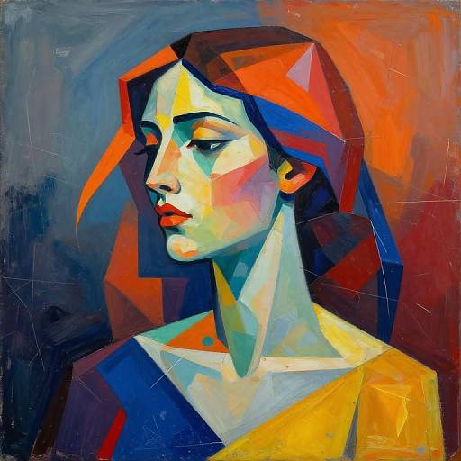 Abstract portrait of a woman with bold, geometric colors—red, blue, yellow—on a textured, dark background. Vibrant, modern art style