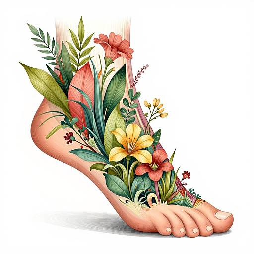 Colorful digital illustration of a human foot adorned with vibrant flowers, leaves, and small plants, featuring red, yellow, and pink blooms.