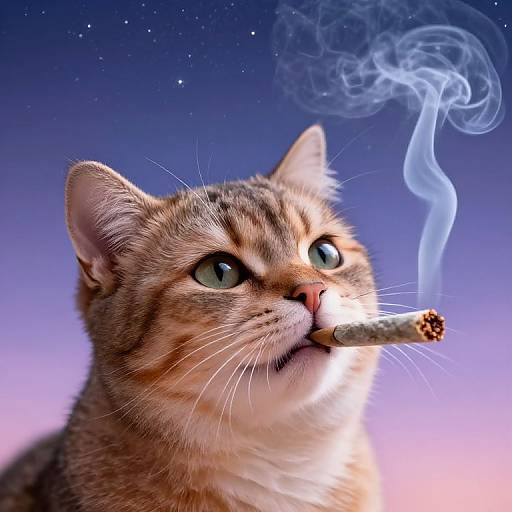 Photograph of a brown tabby cat with a lit cigarette in its mouth, blue-green eyes, and wispy smoke against a gradient purple-to-blue