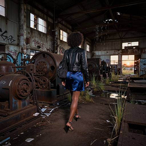 Photograph of a woman with curly hair, black leather jacket, blue skirt, and sandals, walking away in an abandoned, graffiti-covered industrial warehouse with