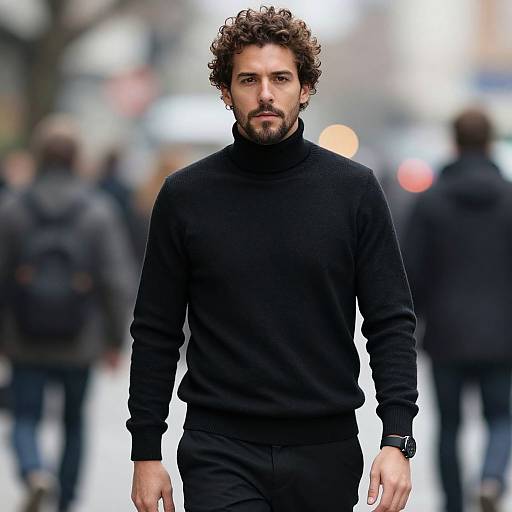Photograph of a curly-haired, bearded man in a black turtleneck sweater walking in a blurred, urban street with blurred pedestrians.