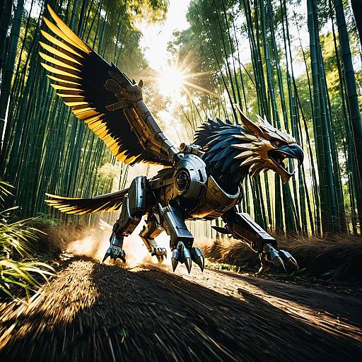 Mechanical Gryphon Racing Through Bamboo Forest