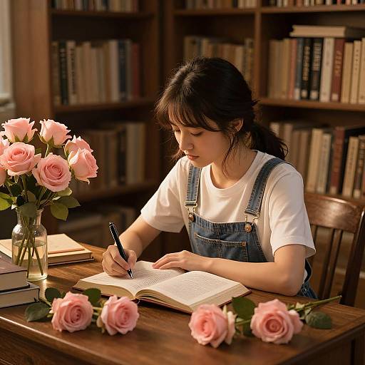Photograph of an Asian woman with black hair in denim overalls, writing in an open book, surrounded by pink roses on a wooden table in a