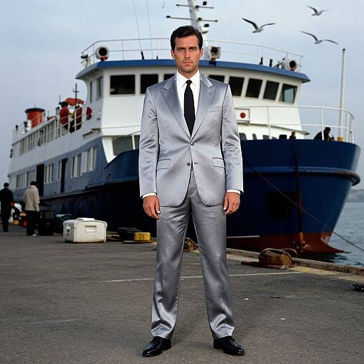 Photograph of a serious man in a silver suit, black tie, and black shoes standing on a dock with a large blue and white ship in the