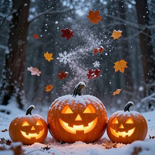 Photograph of three glowing jack-o'-lanterns with snow-covered tops, surrounded by floating autumn leaves and snowflakes in a snowy forest.