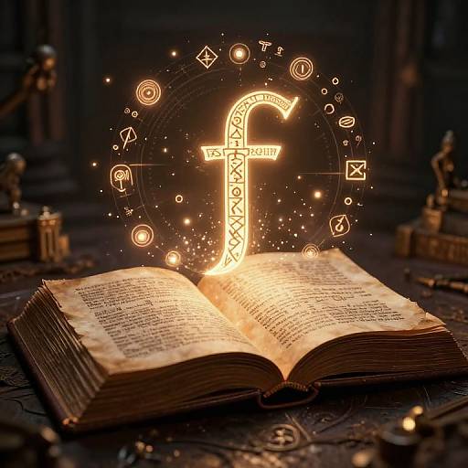 Photograph of an open, glowing illuminated Bible with a radiant, cross-shaped symbol above, surrounded by magical, ethereal symbols in a dimly lit