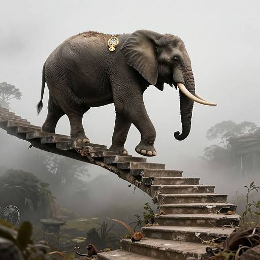 Photograph of a large, gray elephant with white tusks and a gold ornament on its back, walking on ancient stone steps amidst foggy, mist