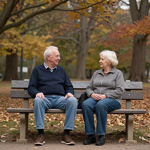 Photograph of an elderly couple with white hair, sitting on a wooden bench in a park with autumn foliage, smiling at each other. Both wear casual