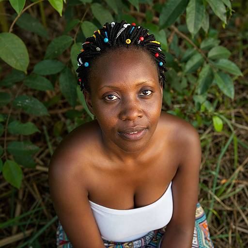 Photograph of a dark-skinned African woman with colorful braids, wearing a white strapless top, sitting in a lush green forest.