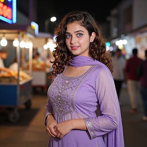 Photograph of a smiling young woman with curly brown hair, wearing a lavender traditional dress with silver embroidery, standing at a night market with blurred colorful lights