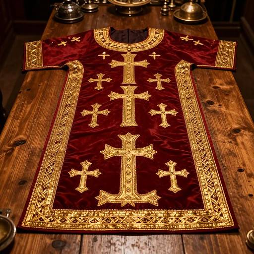 Photograph of a rich red velvet chasuble with intricate gold embroidery, featuring large cross designs, laid on a rustic wooden table with brass items in