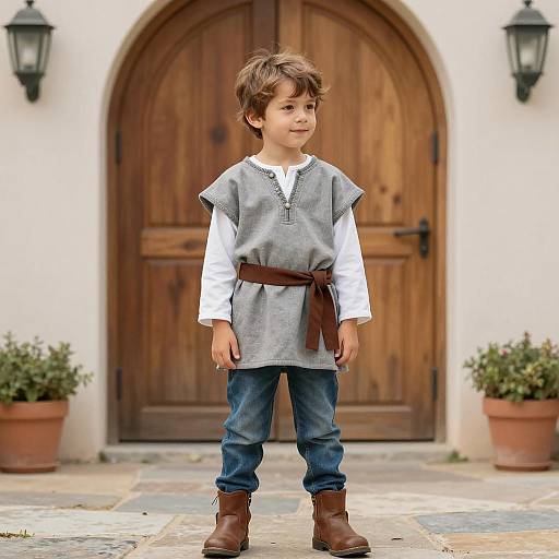 Boy in Fairy Tale Costume by Wooden Door