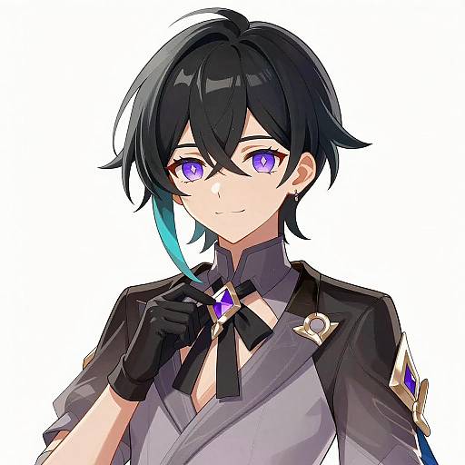 Anime Character with Purple Eyes and Two-Tone Hair