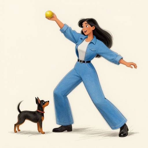 Digital illustration of a smiling woman with long black hair, wearing a blue jumpsuit, playfully throwing a yellow ball for a small black and brown dog