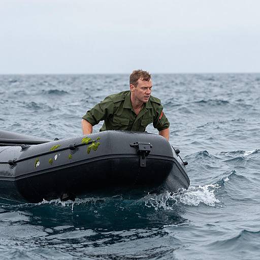 Man in Military Shirt on Inflatable Raft at Sea
