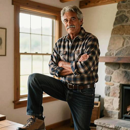 Photograph of an elderly man with gray hair and mustache, wearing a plaid shirt and jeans, standing with one leg up in a rustic room