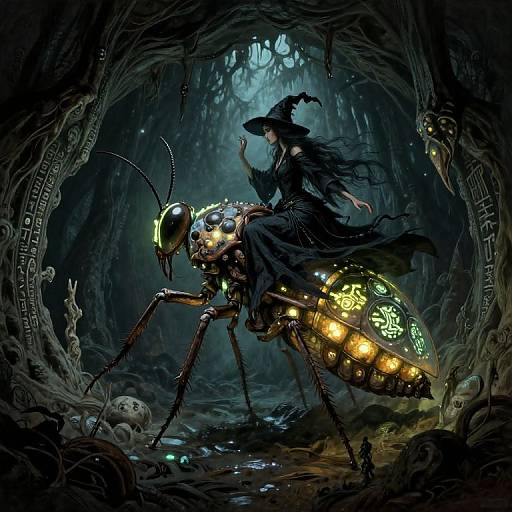 Digital fantasy artwork of a witch with long black hair riding a glowing, insect-like steed in a dark, cavernous, eerie forest.