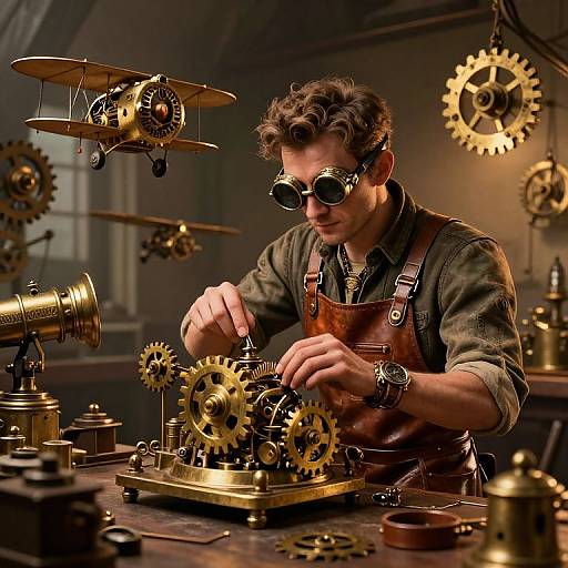 Steampunk inventor with curly brown hair, round glasses, brown leather apron, tinkering with intricate brass gears and clockwork machinery in a dim