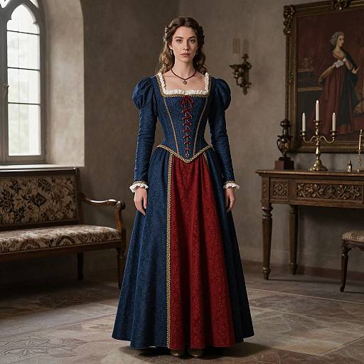 Photograph of a young woman in a medieval-style blue and red dress with puffed sleeves, standing in a dimly lit, ornate room with