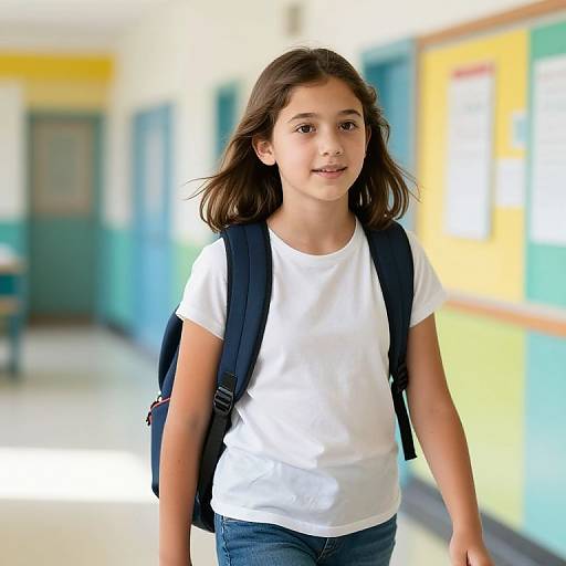 Photograph of a young Latina girl with long brown hair, wearing a white t-shirt and blue jeans, carrying a black backpack, walking down a brightly