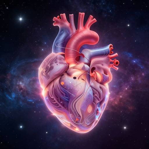 Digital artwork of a glowing, neon-lit human heart floating in outer space, surrounded by stars and cosmic nebulas, with vibrant pink, blue