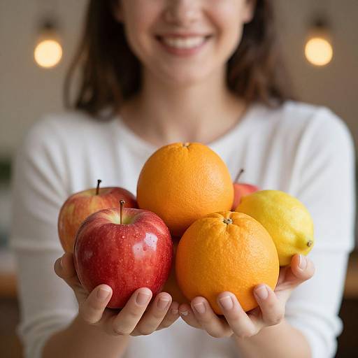 Photograph of a smiling woman in a white shirt holding a cluster of red apples, orange, and yellow citrus fruits. Blurred background with warm lights