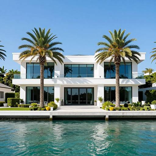 Modern Waterfront Mansion with Palm Trees