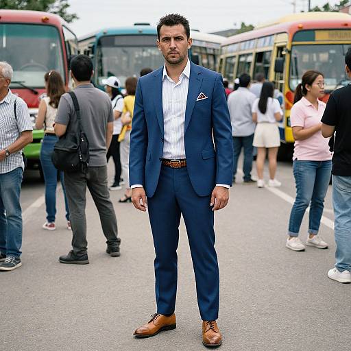 Photograph of a handsome, dark-haired man in a blue suit, white shirt, and brown shoes standing confidently in a busy bus station. Background includes
