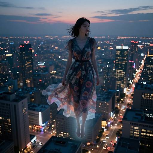 Photograph of a woman with dark hair and floral dress, floating mid-air above a cityscape at dusk, surrounded by glowing lights.