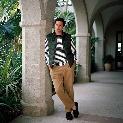 Photograph of a young man with short dark hair, wearing a striped shirt, green vest, beige pants, and black loafers, leaning against a