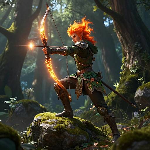 Digital fantasy artwork of an elf archer with fiery red hair, wearing leafy armor, drawing a glowing bow in a mystical forest.