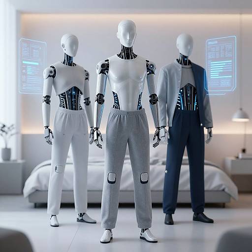 Photograph of three futuristic, white humanoid robots in a modern, brightly-lit bedroom, each wearing different attire, with glowing blue data screens on their
