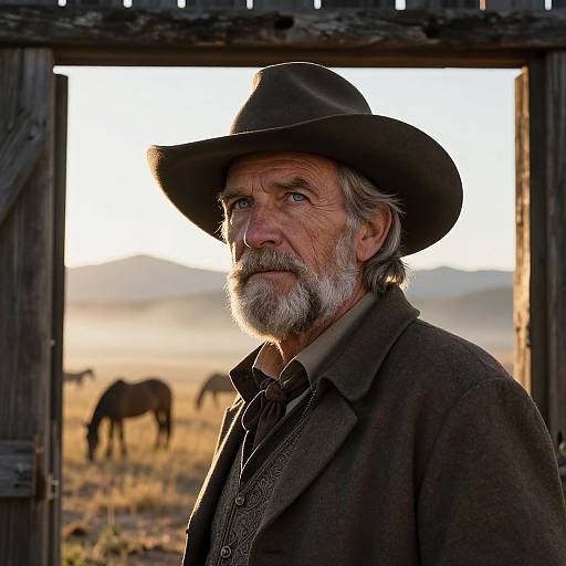 Photograph of an elderly white man with a grey beard, wearing a black cowboy hat and brown jacket, standing in a wooden doorway with a sunlit