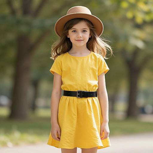 Photograph of a young girl with light brown hair, wearing a yellow dress, black belt, and brown hat, standing in a sunlit park with