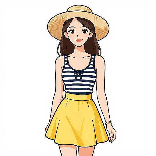 Digital anime-style drawing of a cute, smiling woman with long brown hair, wearing a straw hat, striped black-and-white tank top, and yellow skirt