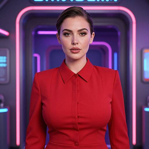 Photorealistic CGI of a confident woman with fair skin, dark hair, and red blouse in a neon-lit futuristic hallway.