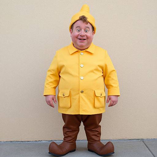 Photograph of a chubby, smiling man in a bright yellow raincoat, brown pants, and brown boots, standing against a plain beige wall.